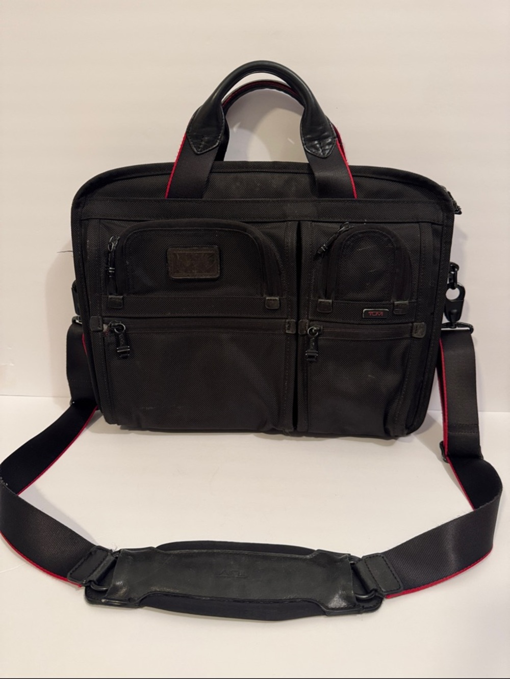 Tumi Durable Alpha Black Nylon Laptop Briefcase with Red-Trim Shoulder Strap